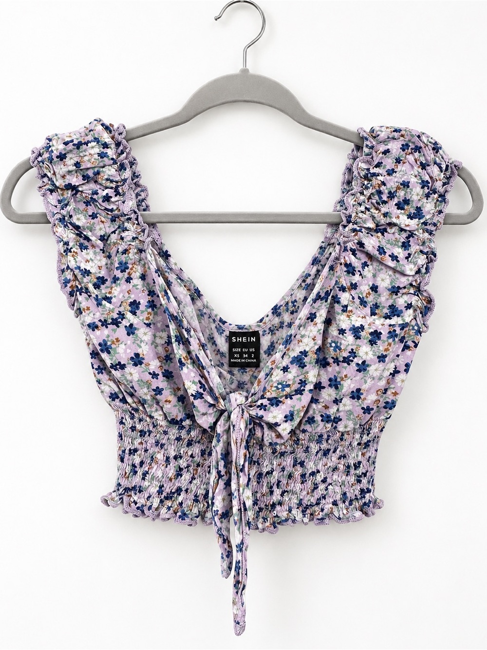 SHEIN XS Lavender Floral Smocked Crop Top Ruffle Tie Front Cottagecore Y2K